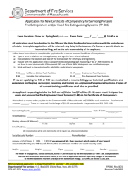 Form FP-086 &quot;Application for New Certificate of Competency for Servicing Portable Fire Extinguishers and/or Fixed Fire Extinguishing Systems&quot; - Massachusetts