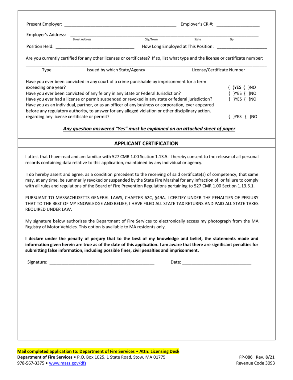 Form FP-086 Application for New Certificate of Competency for Servicing Portable Fire Extinguishers and / or Fixed Fire Extinguishing Systems - Massachusetts, Page 2