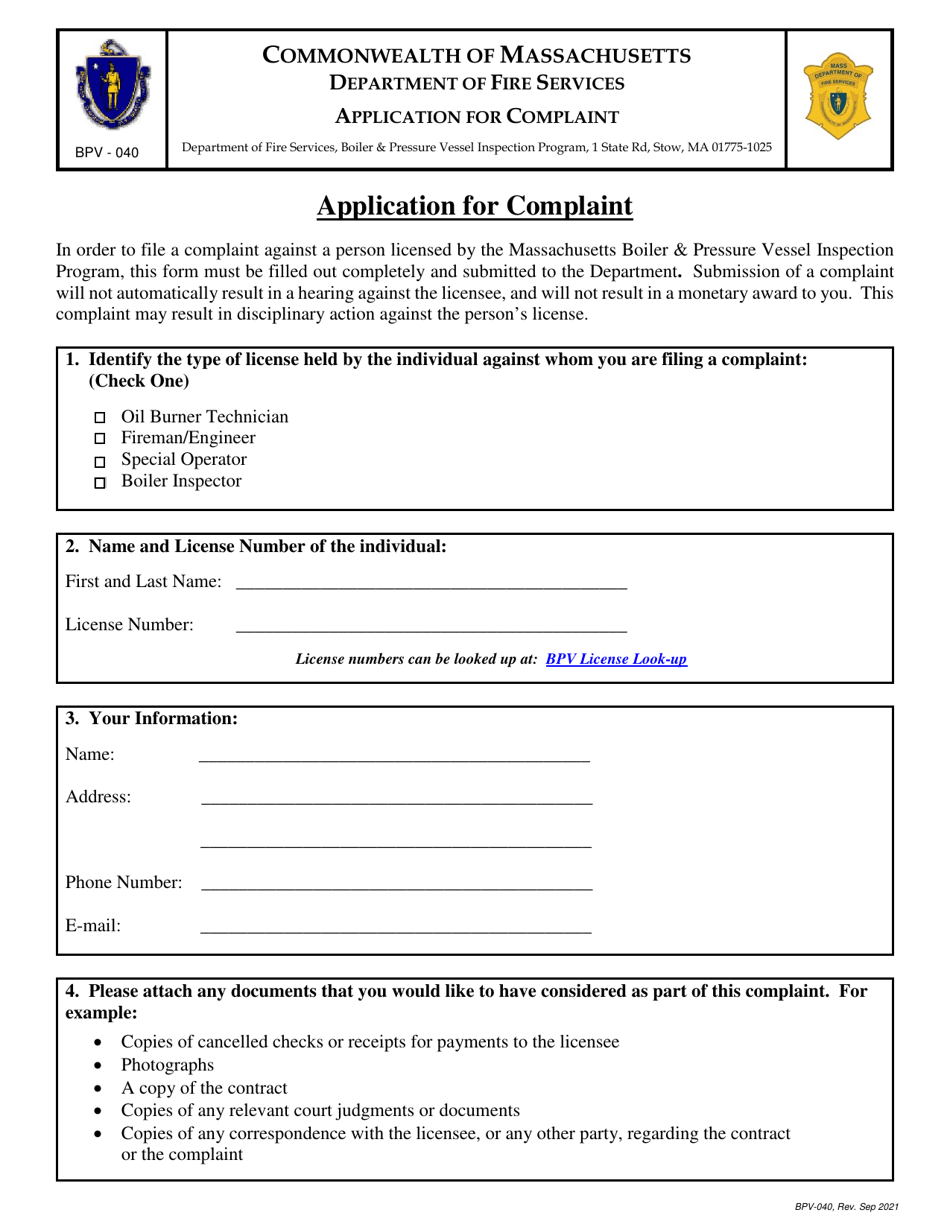 Form BPV-040 Application for Complaint - Massachusetts, Page 1