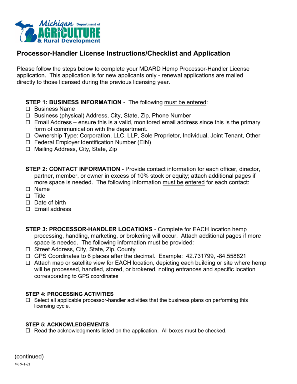 Michigan Hemp ProcessorHandler License Application Download Printable