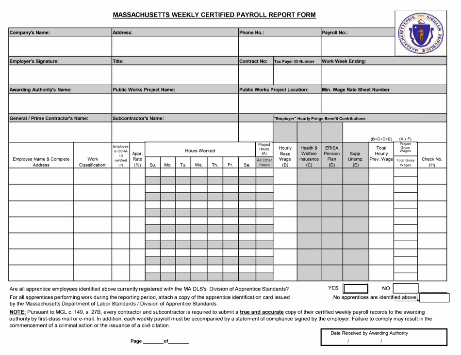 Massachusetts Weekly Certified Payroll Report Form - Massachusetts, Page 1