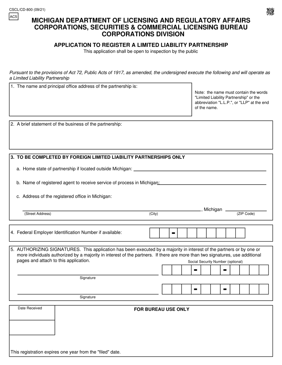 Form CSCL / CD-800 Application to Register a Limited Liability Partnership - Michigan, Page 1
