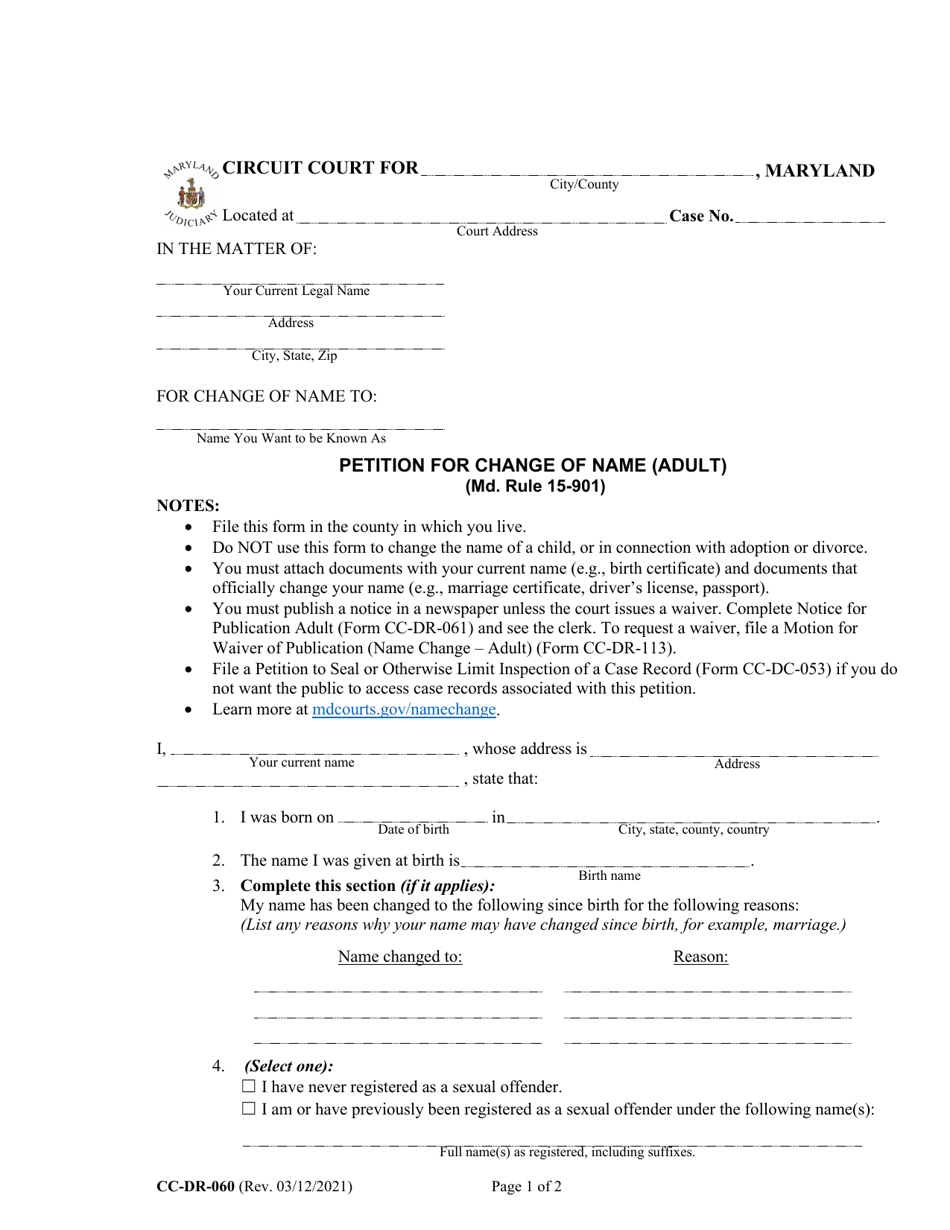 Form CC-DR-060 Petition for Change of Name (Adult) - Maryland, Page 1