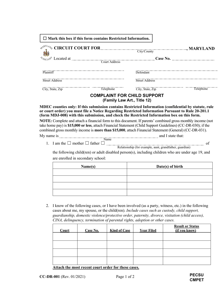 Form CC-DR-001 Complaint for Child Support - Maryland, Page 1