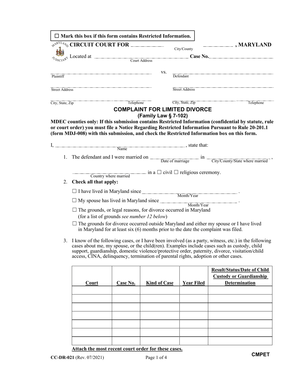 Form CC-DR-021 Complaint for Limited Divorce - Maryland, Page 1