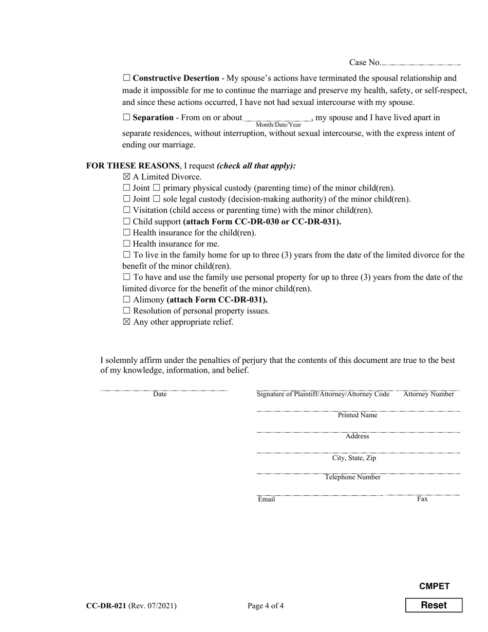 Form CC-DR-021 Complaint for Limited Divorce - Maryland, Page 4