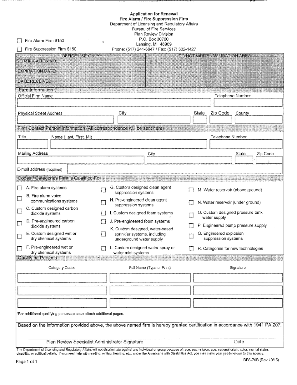 Form BFS-76B Application for Renewal - Fire Alarm / Fire Suppression Firm - Michigan, Page 1