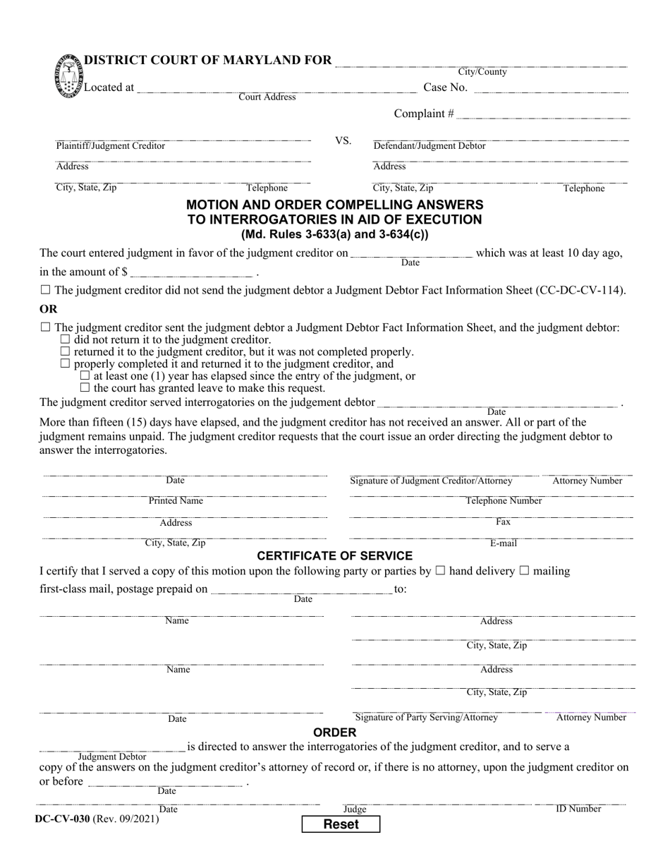 Form dc cv 030 download fillable pdf or fill online motion and order