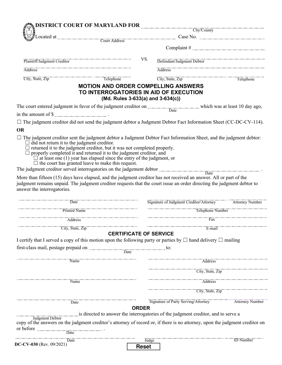 Form DC-CV-030 Motion and Order Compelling Answers to Interrogatories in Aid of Execution - Maryland, Page 1