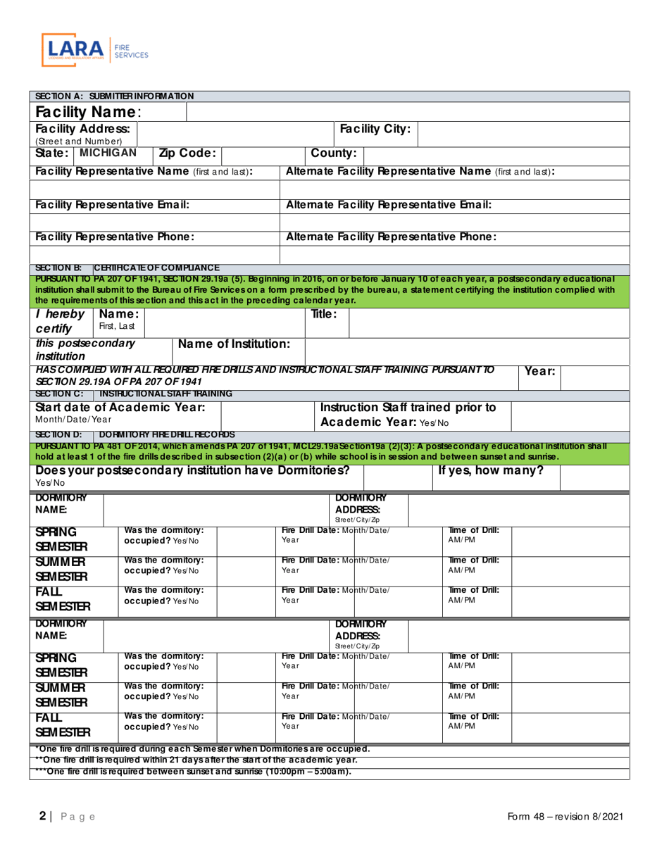 Form 48 Postsecondary Fire Drill Form - Michigan, Page 2