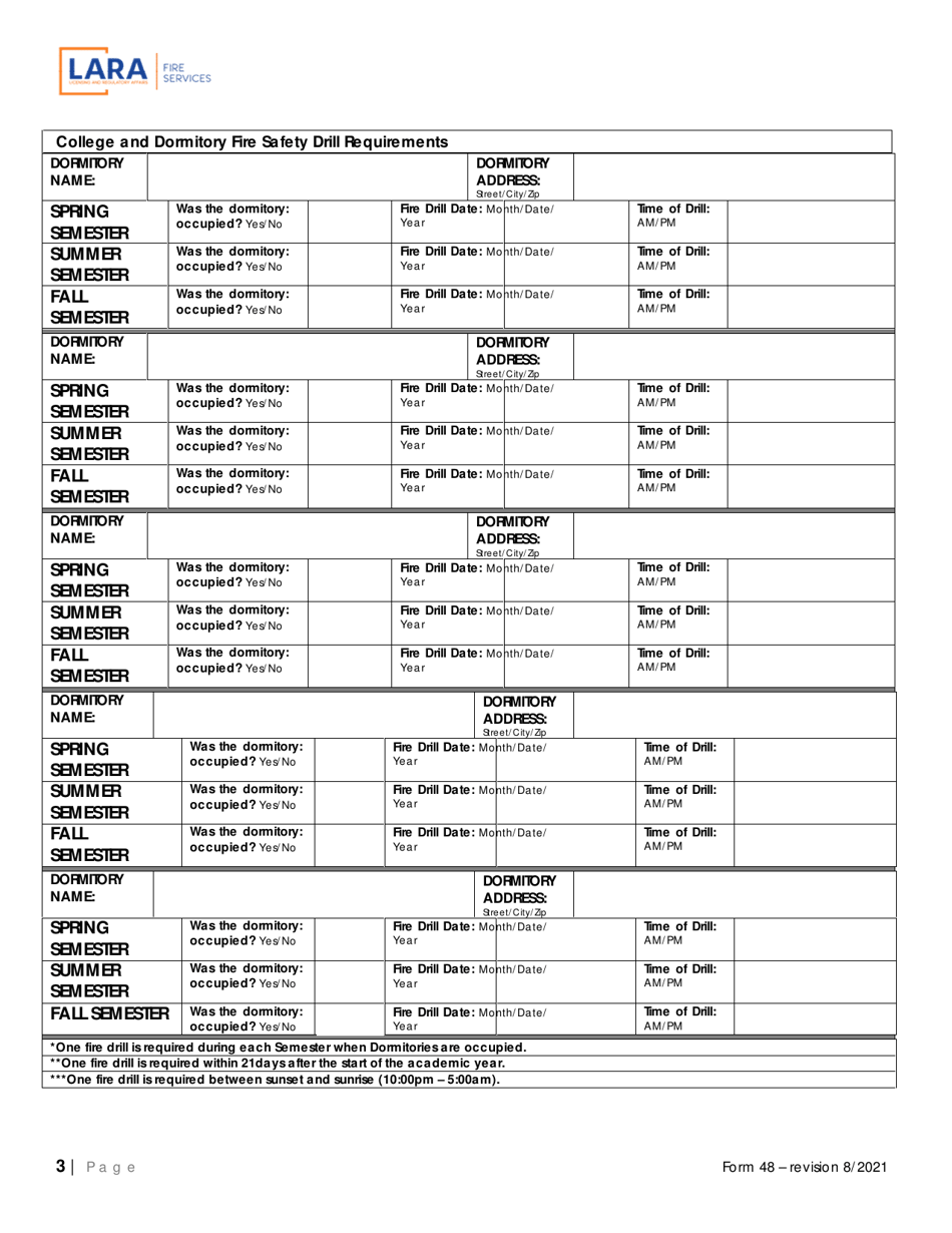 Form 48 Postsecondary Fire Drill Form - Michigan, Page 3