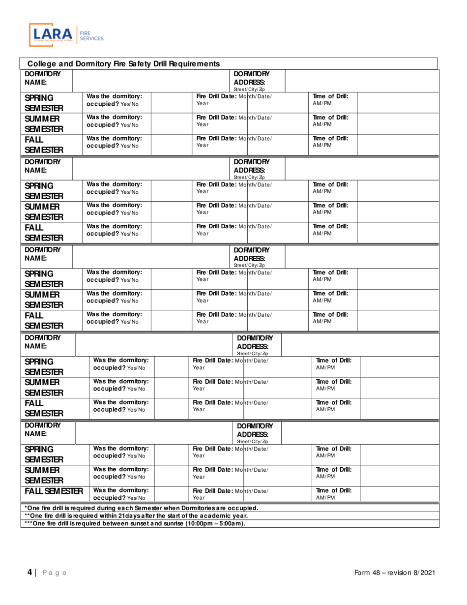 Form 48 Postsecondary Fire Drill Form - Michigan, Page 4