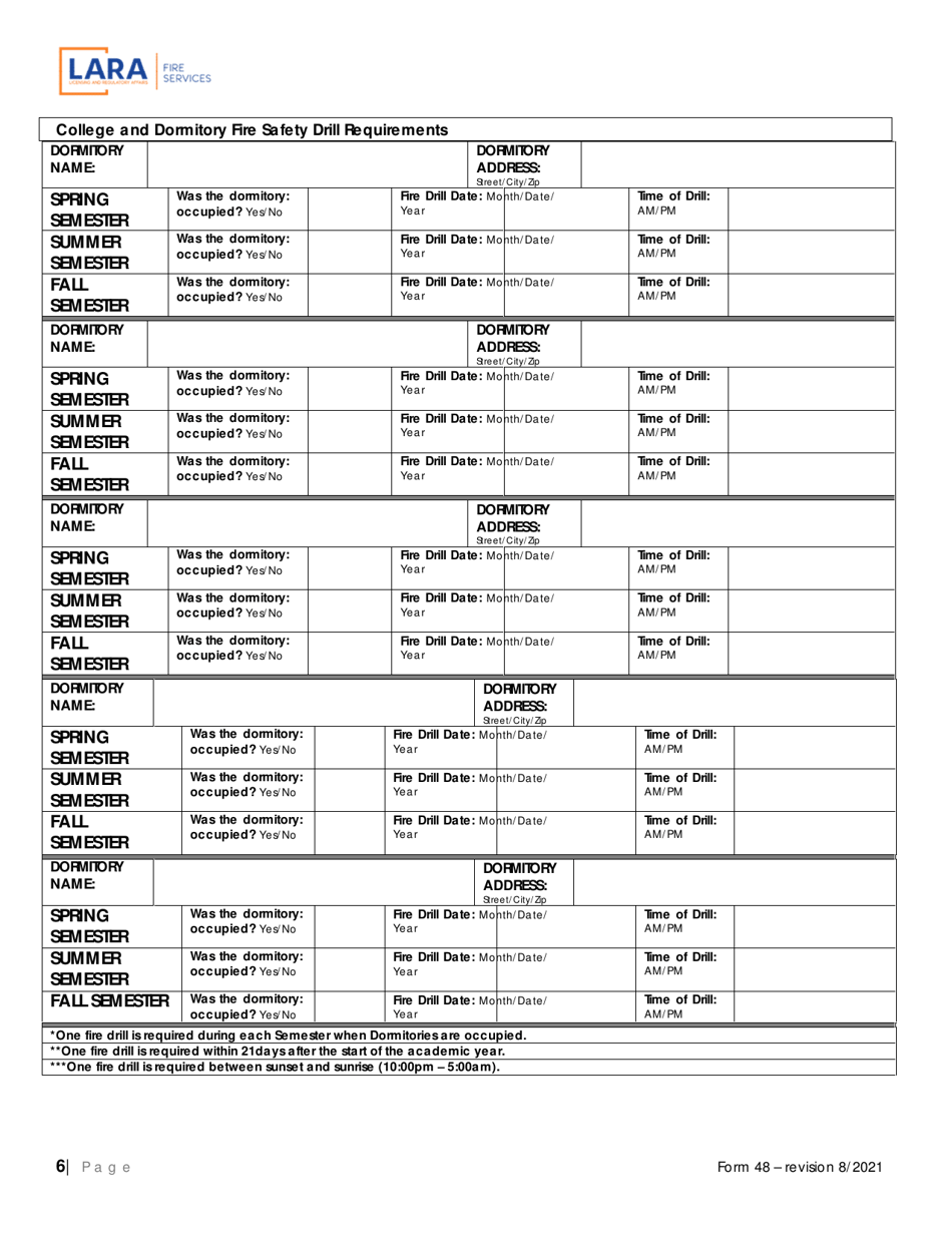 Form 48 Postsecondary Fire Drill Form - Michigan, Page 6