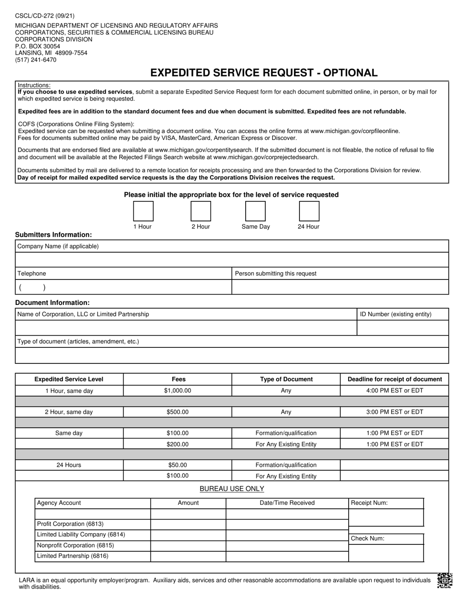 Form CSCL / CD-272 Expedited Service Request - Optional - Michigan, Page 1