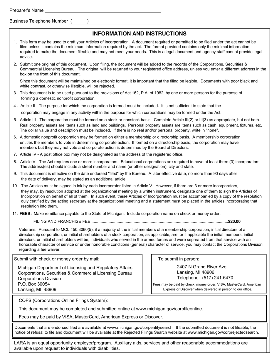 Form CSCL / CD-502 Articles of Incorporation for Use by Domestic Nonprofit Corporations - Michigan, Page 4