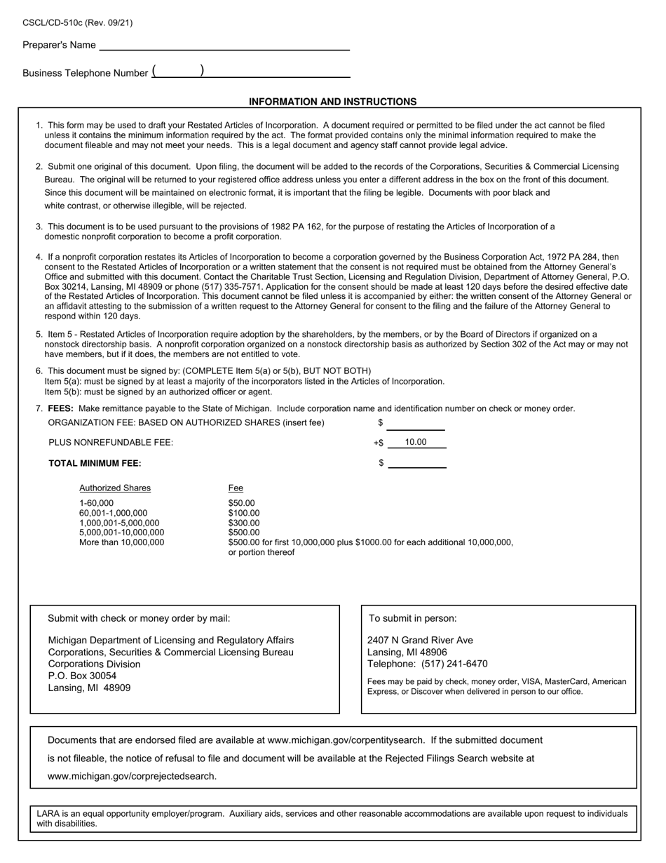 Form CSCL / CD-510C Restated Articles of Incorporation for Use by Domestic Nonprofit Corporations - Michigan, Page 4