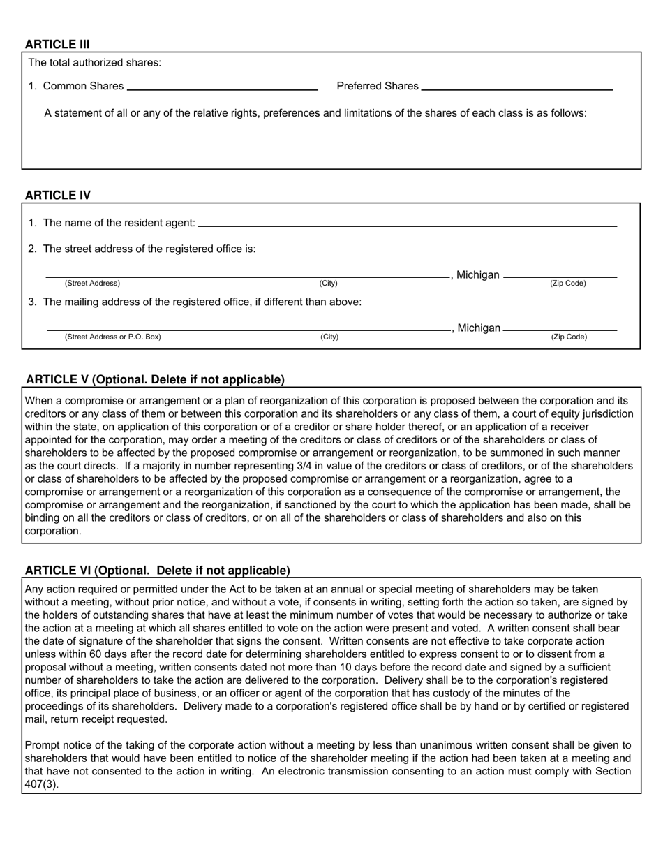 Form CSCL / CD-510 Restated Articles of Incorporation for Use by Domestic Profit Corporations - Michigan, Page 2