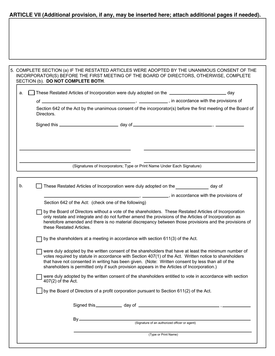 Form CSCL / CD-510 Restated Articles of Incorporation for Use by Domestic Profit Corporations - Michigan, Page 3
