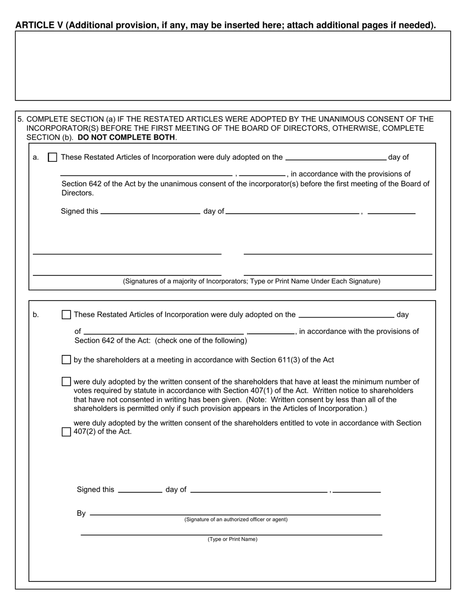 Form CSCL / CD-510A Restated Articles of Incorporation for Use by Domestic Profit Corporations - Michigan, Page 3