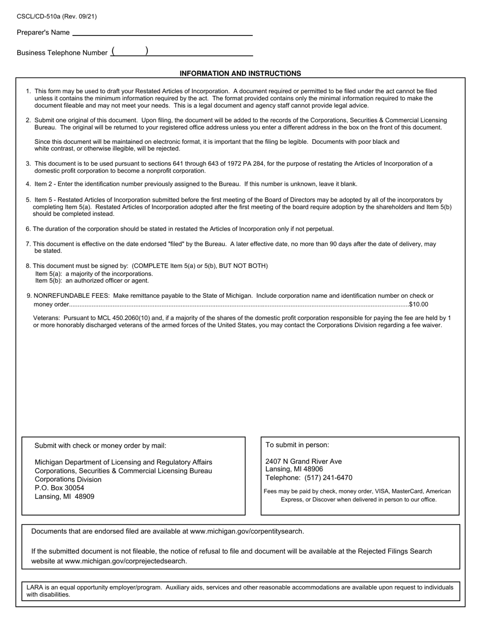 Form CSCL / CD-510A Restated Articles of Incorporation for Use by Domestic Profit Corporations - Michigan, Page 4