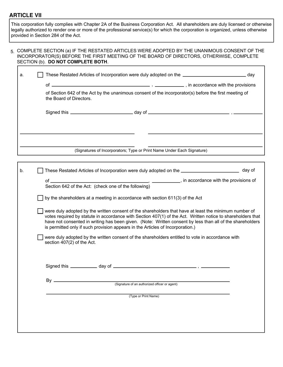 Form CSCL / CD-510D Restated Articles of Incorporation for Use by Domestic Profit Corporations - Michigan, Page 3