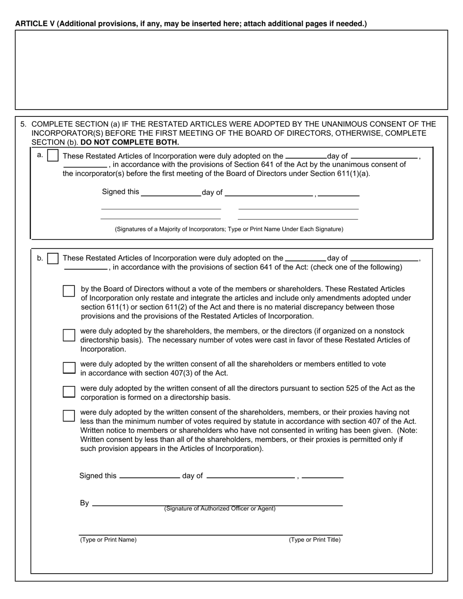 Form CSCL / CD-511 Restated Articles of Incorporation for Use by Domestic Nonprofit Corporations - Michigan, Page 3