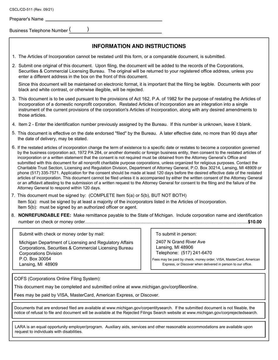 Form CSCL / CD-511 Restated Articles of Incorporation for Use by Domestic Nonprofit Corporations - Michigan, Page 4