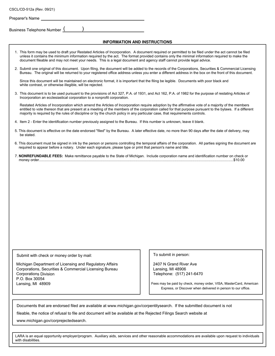 Form CSCL/CD-512A Download Fillable PDF or Fill Online Restated ...