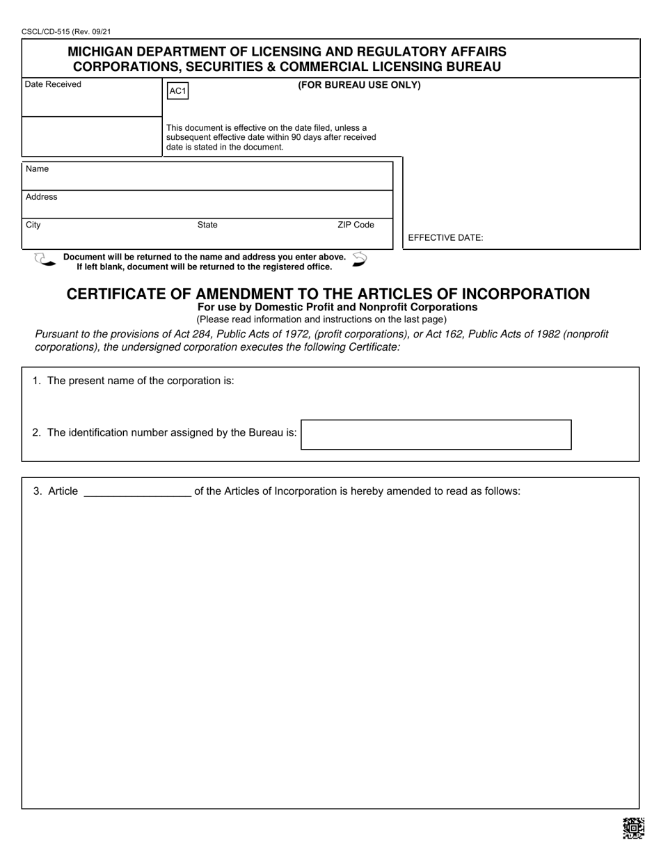 Form CSCL / CD-515 Certificate of Amendment to the Articles of Incorporation for Use by Domestic Profit and Nonprofit Corporations - Michigan, Page 1