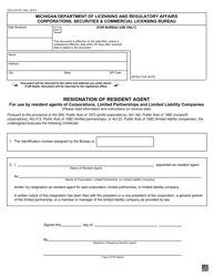 Document preview: Form CSCL/CD-521 Resignation of Resident Agent for Use by Resident Agents of Corporations, Limited Partnerships and Limited Liability Companies - Michigan