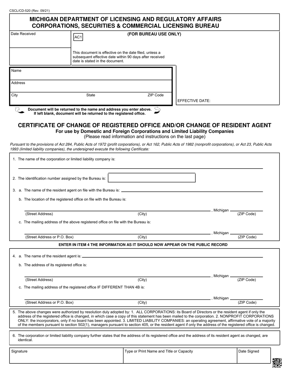 Form CSCL/CD-520 Certificate of Change of Registered Office and/or Change of Resident Agent for Use by Domestic and Foreign Corporations and Limited Liability Companies - Michigan, Page 1
