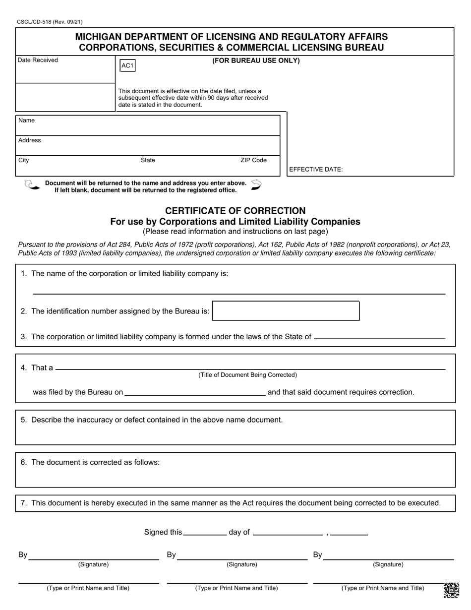 Form Csclcd 518 Download Fillable Pdf Or Fill Online Certificate Of Correction For Use By 9896