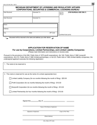 Document preview: Form CSCL/CD-540 Application for Reservation of Name for Use by Corporations, Limited Partnerships, and Limited Liability Companies - Michigan
