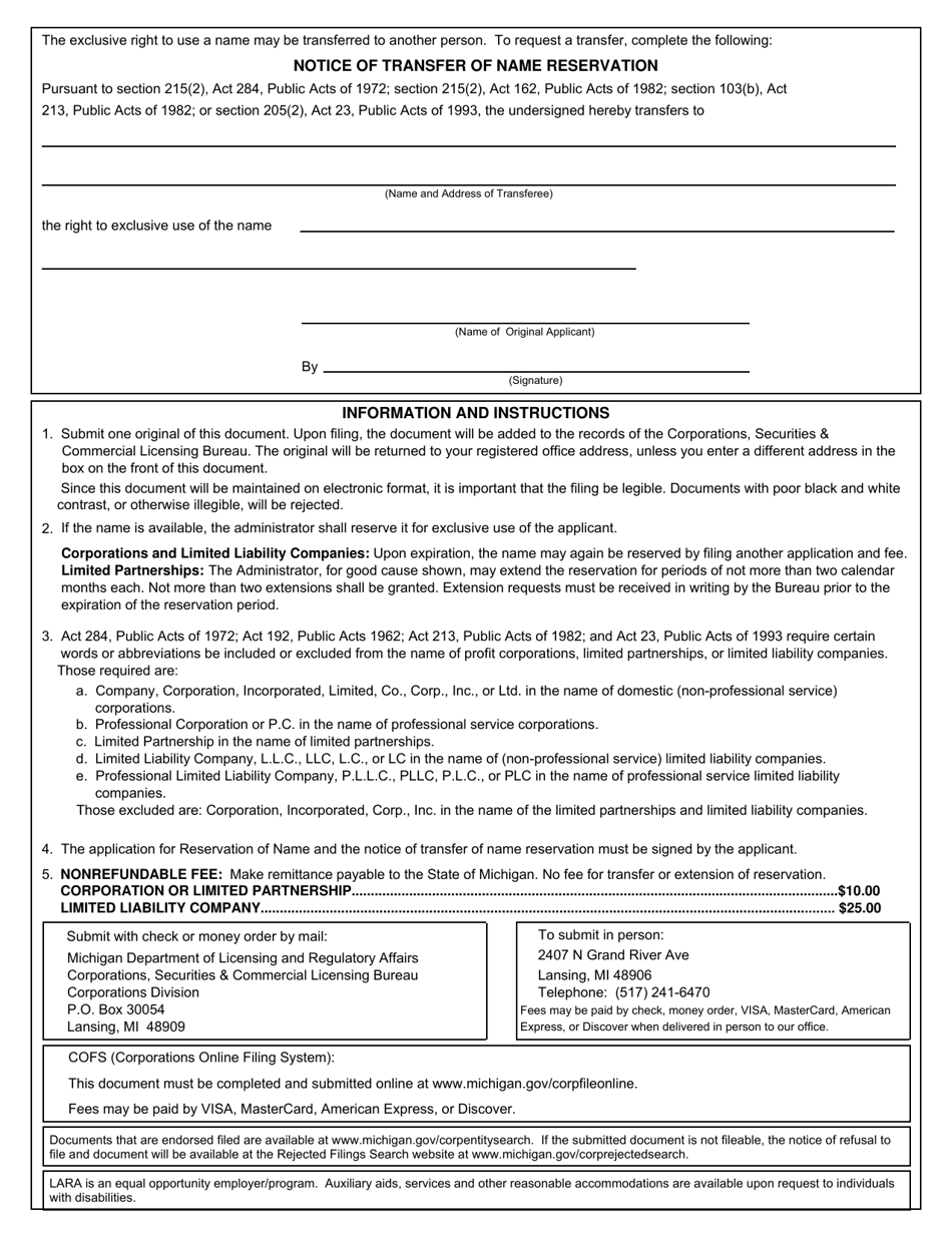 Form CSCL / CD-540 Application for Reservation of Name for Use by Corporations, Limited Partnerships, and Limited Liability Companies - Michigan, Page 2