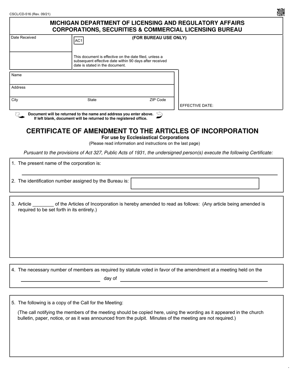 Form CSCL / CD-516 Certificate of Amendment to the Articles of Incorporation for Use by Ecclesiastical Corporations - Michigan, Page 1