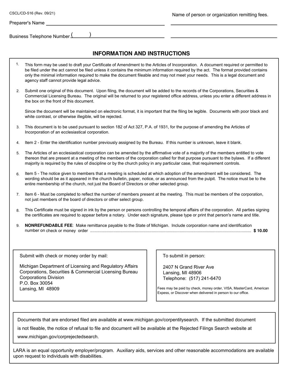 Form CSCL / CD-516 Certificate of Amendment to the Articles of Incorporation for Use by Ecclesiastical Corporations - Michigan, Page 3