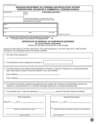 Form CSCL/CD-525 Certificate of Renewal of Corporate Existence for Use by Domestic Corporations - Michigan