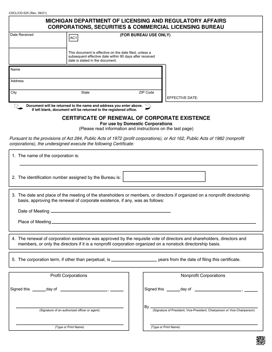 Form CSCL / CD-525 Certificate of Renewal of Corporate Existence for Use by Domestic Corporations - Michigan, Page 1