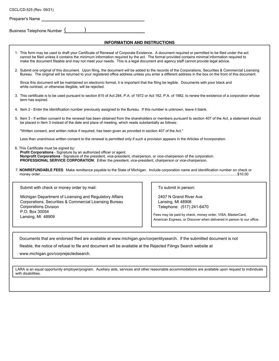 Form CSCL / CD-525 Certificate of Renewal of Corporate Existence for Use by Domestic Corporations - Michigan, Page 2