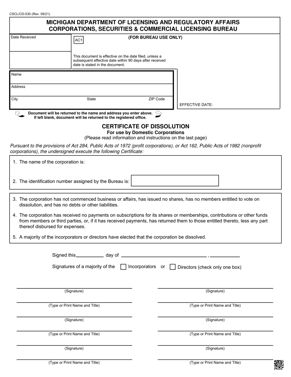 Form CSCL / CD-530 Certificate of Dissolution for Use by Domestic Corporations - Michigan, Page 1