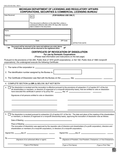 Form CSCL/CD-533 Certificate of Revocation of Dissolution for Use by Domestic Corporations - Michigan
