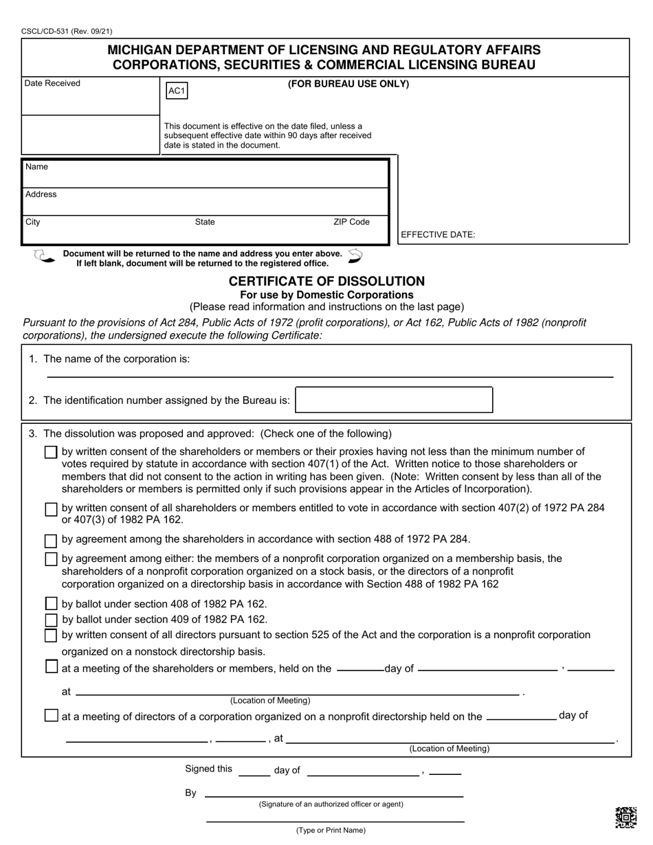 Form CSCL / CD-531 Certificate of Dissolution for Use by Domestic Corporations - Michigan, Page 1