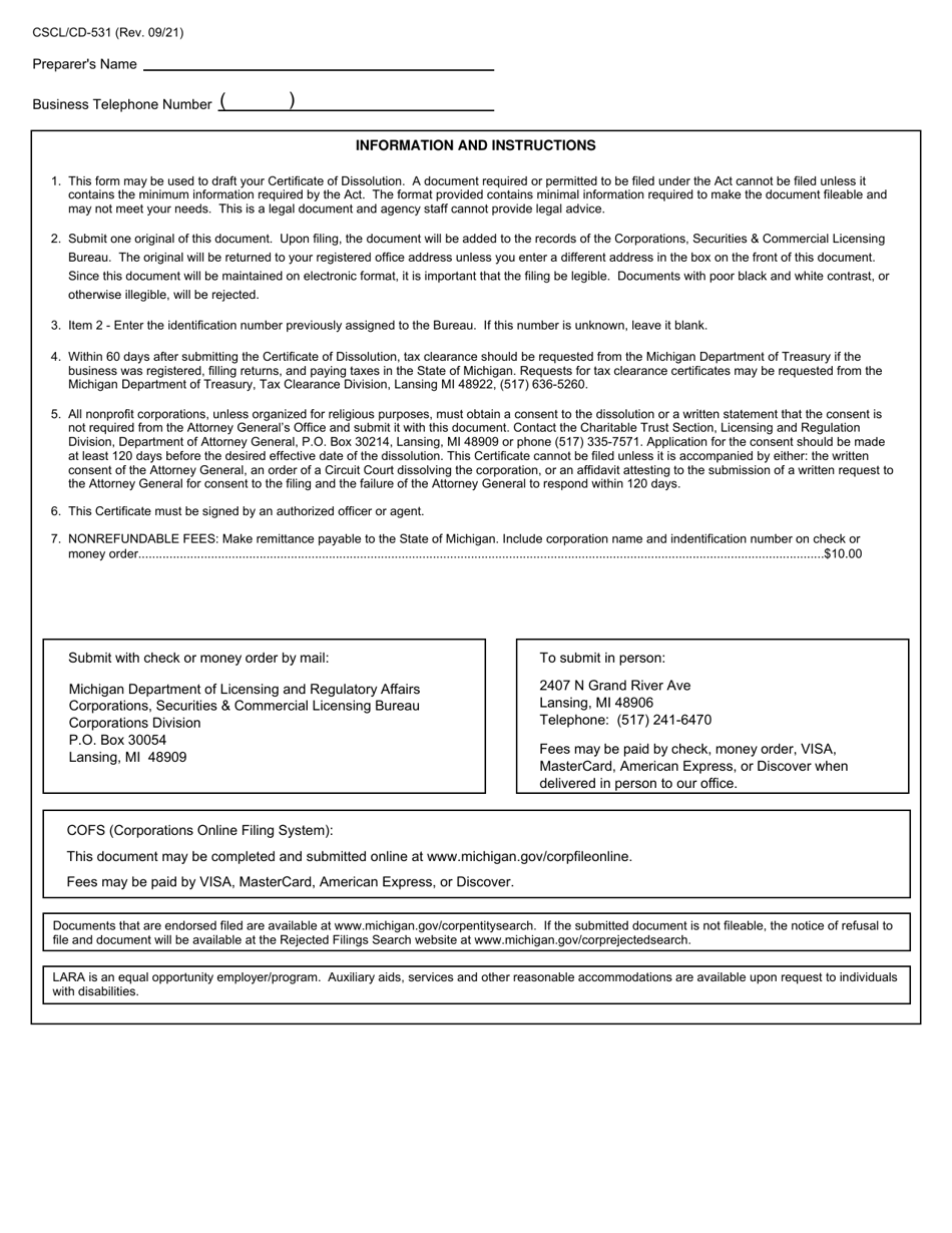 Form CSCL / CD-531 Certificate of Dissolution for Use by Domestic Corporations - Michigan, Page 2