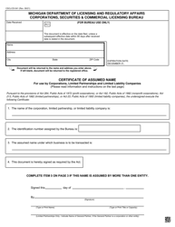 Form CSCL/CD-541 &quot;Certificate of Assumed Name for Use by Corporations, Limited Partnerships and Limited Liability Companies&quot; - Michigan