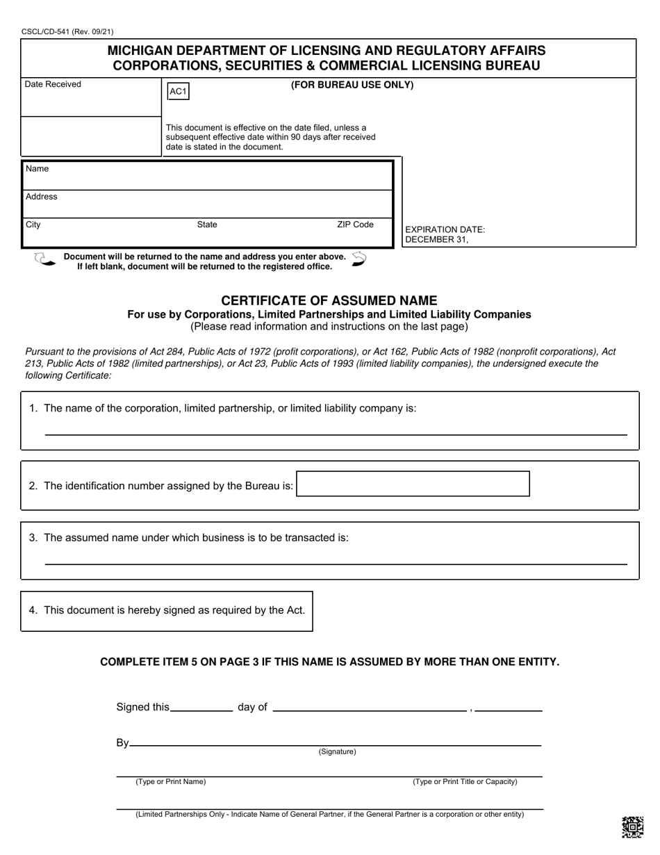 Form CSCL/CD 541 Download Fillable PDF or Fill Online Certificate of