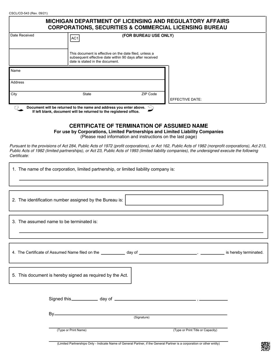 Form CSCL/CD-543 Certificate of Termination of Assumed Name for Use by Corporations, Limited Partnerships and Limited Liability Companies - Michigan, Page 1