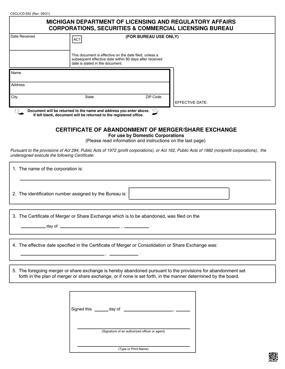 Form CSCL/CD-552 Certificate of Abandonment of Merger/Share Exchange for Use by Domestic Corporations - Michigan, Page 1