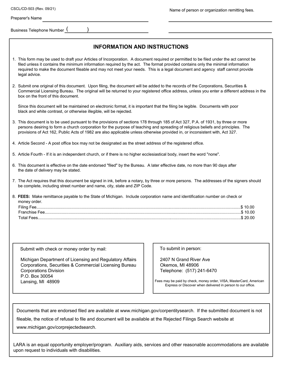 Form CSCL / CD-503 Articles of Incorporation for Use by Ecclesiastical Corporations - Michigan, Page 3