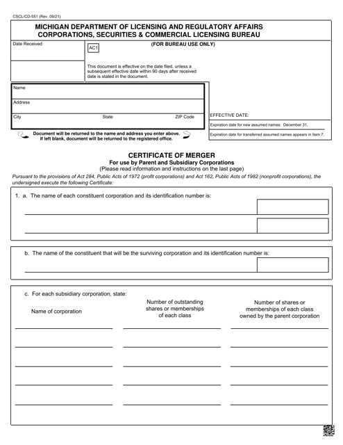 Form CSCL/CD-551 Certificate of Merger for Use by Parent and Subsidiary Corporations - Michigan