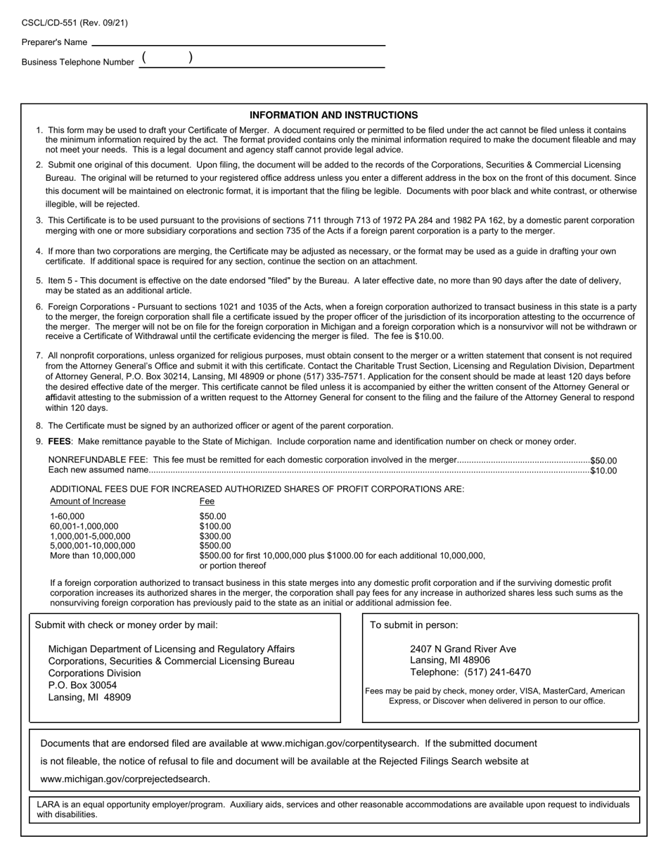 Form CSCL / CD-551 Certificate of Merger for Use by Parent and Subsidiary Corporations - Michigan, Page 4